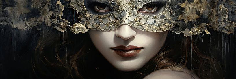 Goldenes Mysterium | Maske Portrait Gold von Blickfänger Gemälde