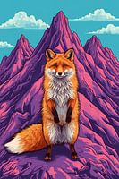 Standing fox in front of three mountains