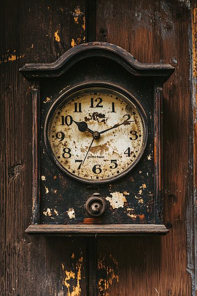 Antike verwitterte Uhr auf Holz von Imperial Art House