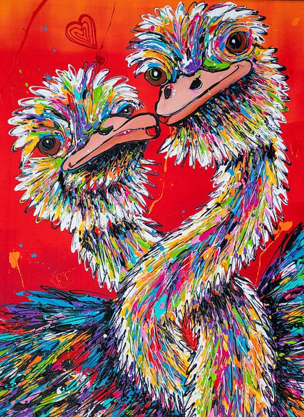 Autruches amoureuses en rouge par Happy Paintings / Renata Rolefes