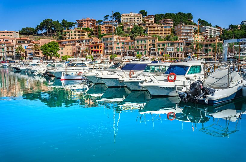 Boats at harbor of beautiful city Port de Soller at coast of Mallorca island, Spain by Alex Winter