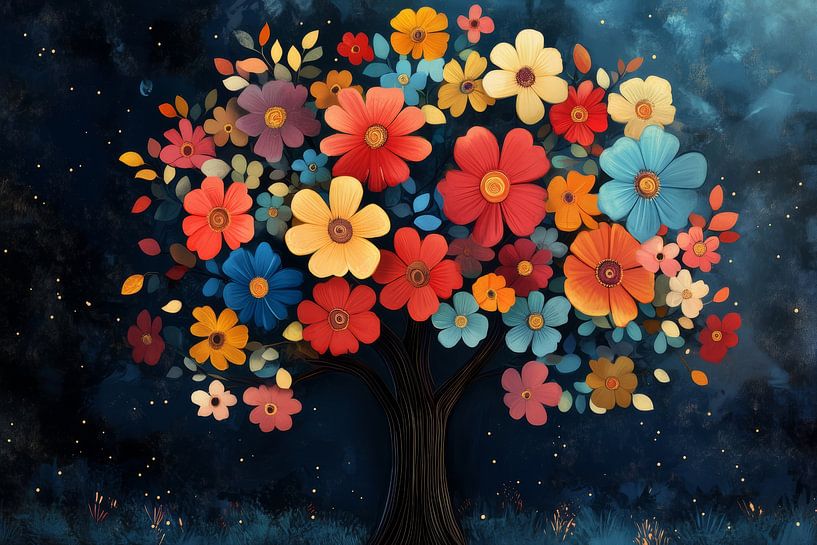Tree of Flowers in Magical Night by Eva Lee