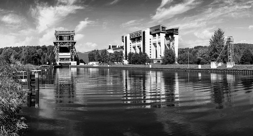 Niederfinow boat lift panorama black and white - technical monument in Brandenburg by Frank Herrmann