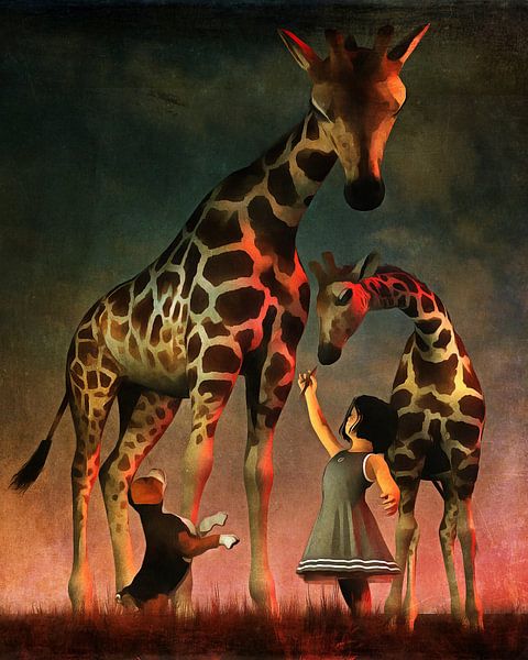 Children Art: Amy and Buddy with the giraffes by Jan Keteleer