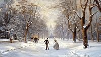 Snowy park with skating couple and Christmas tree (KI)