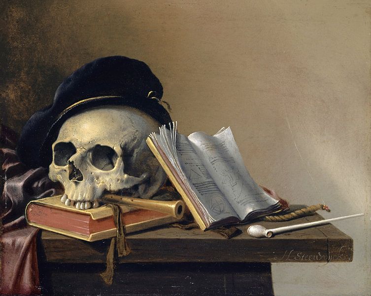 Stillleben mit Totenkopf, Büchern, Flöte und Pfeife, Harmen Steenwyck von Meisterhafte Meister
