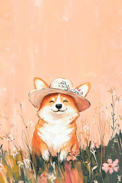 Corgi with summer hat and flowers by Poster Art Shop
