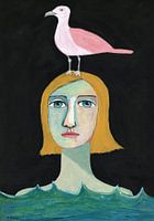 Liebhaberin des Meeres, Vogeldame, Schwimmerin, Schwimmen, wildes Schwimmen, Ozean, Meer, Möwe, Vogel, naive Kunst, moderne Kunst