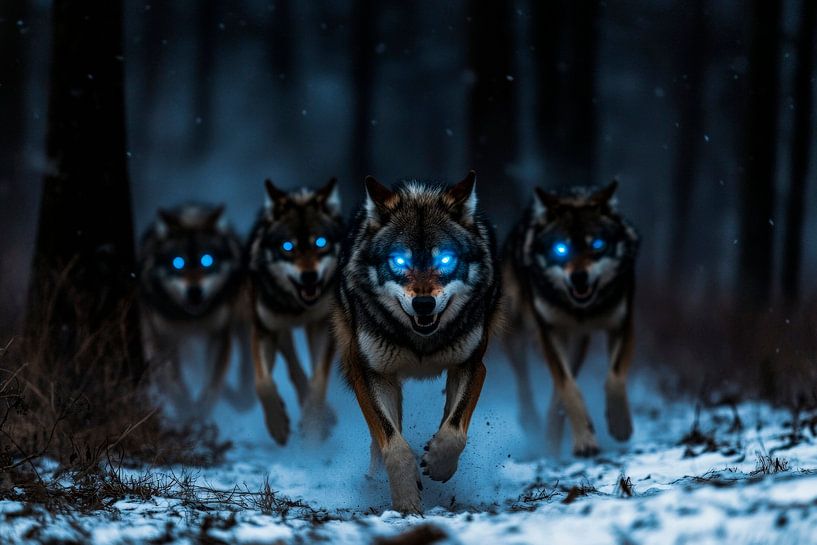 Leuchtende Wölfe im Schneesturm von Poster Art Shop