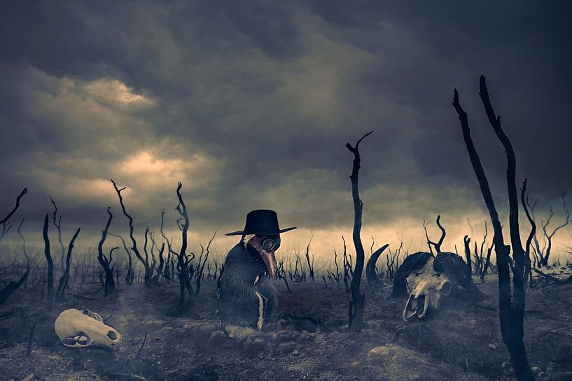 Bildmanipulation von Pestdoktor Pinguin in der Wüste - Kunst mit Klimabotschaft von Elianne van Turennout