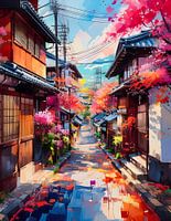 Bloemenpad in lentelicht, harmonie van kleuren in Japan