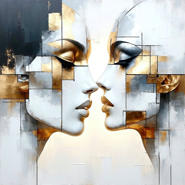 Graceful stillness - the faces of two women in the inner world, a mosaic of gold and grey, triptych of timeless elegance (2 of 3) by AidasignArt