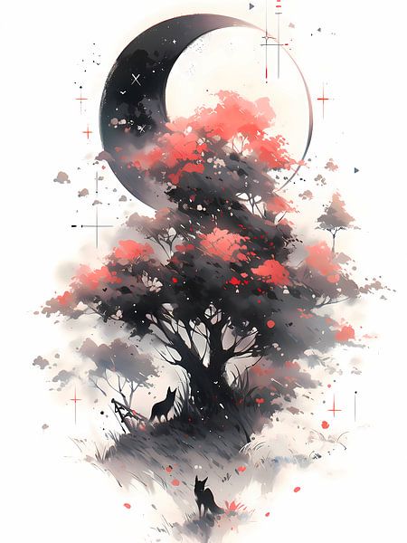 Aquarelle Rouge arbre noir par haroulita