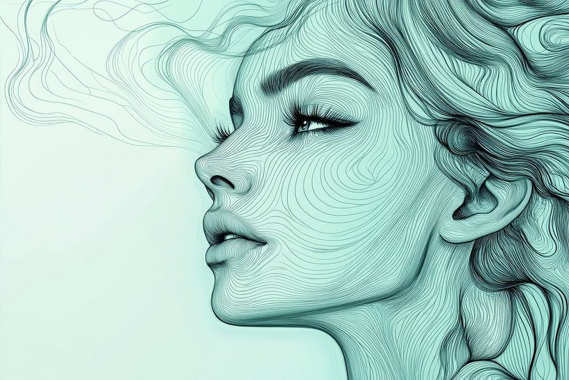 Waves of Thoughts Abstract Portrait in Mint Green by Eva Lee