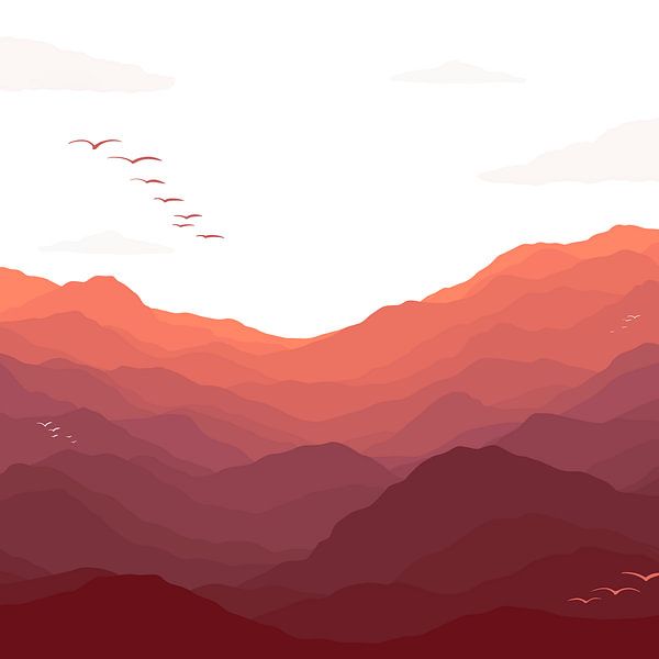 Mountain view with birds - RED illustration by Studio Hinte
