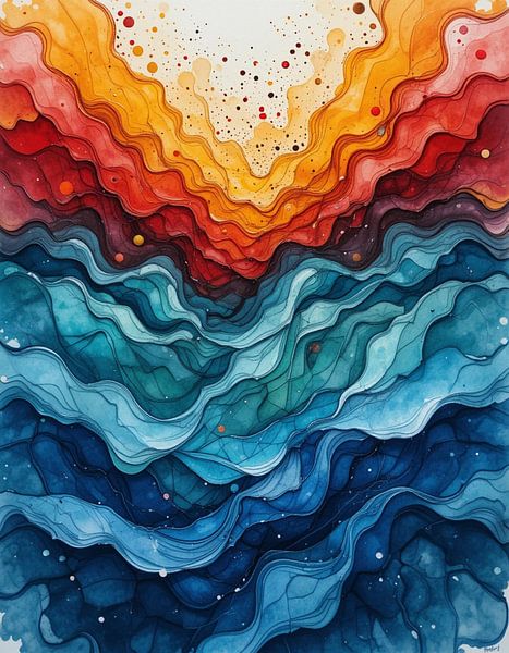 Karminrote und azurblaue Konvergenz: Eine Aquarelldarstellung von feurigen Wellen bei Sonnenuntergang, die auf die Tiefen des Ozeans treffen von Artistic