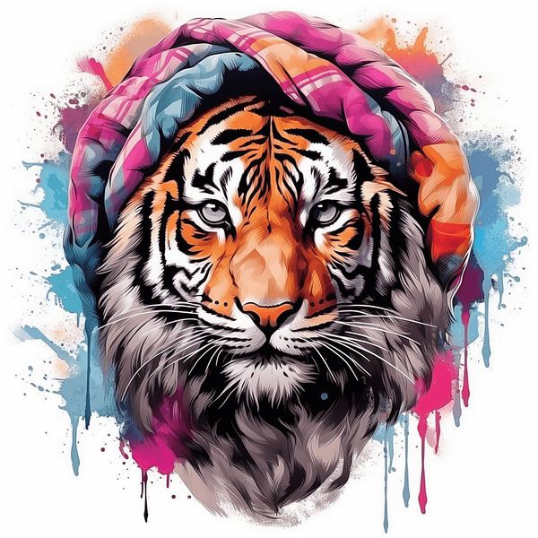Portrait of a tiger watercolour art design and colourful headscarf by Animaflora PicsStock