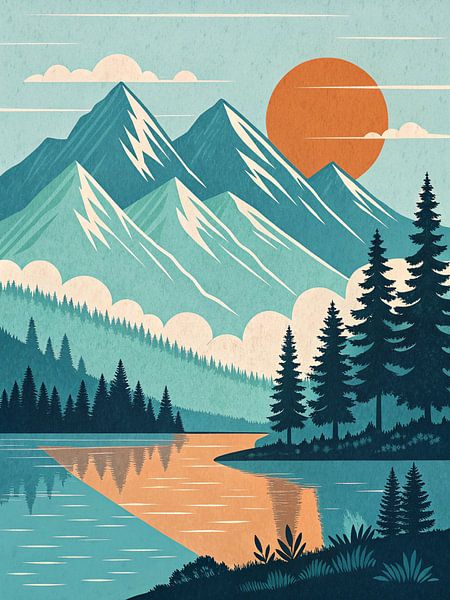 Rustikaler Seeufer-Sonnenuntergang-Wildnis-Landschaft Kunstdruck von Artistic