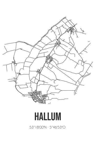 Hallum (Fryslan) | Karte | Schwarz und weiß von Ortsdrucke