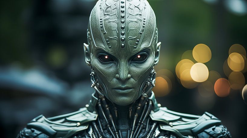 Portrait of a futuristic green alien machine cyborg man with yellow eyes by Animaflora PicsStock