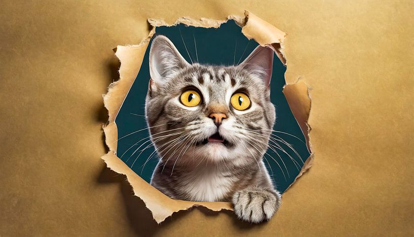 Cat looks into a torn hole on the paper side, isolated by Animaflora PicsStock