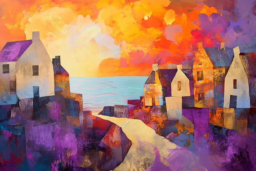 Colourful coastal town at sunset by Poster Art Shop