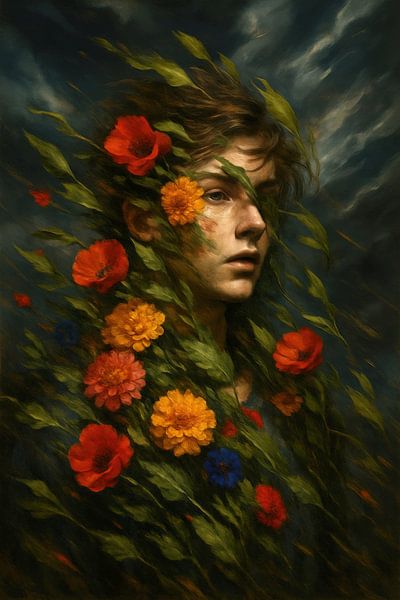 Porträt einer Person mit Blumen und Laub von Markus Gann