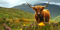 Scottish Highlander in mountain meadow