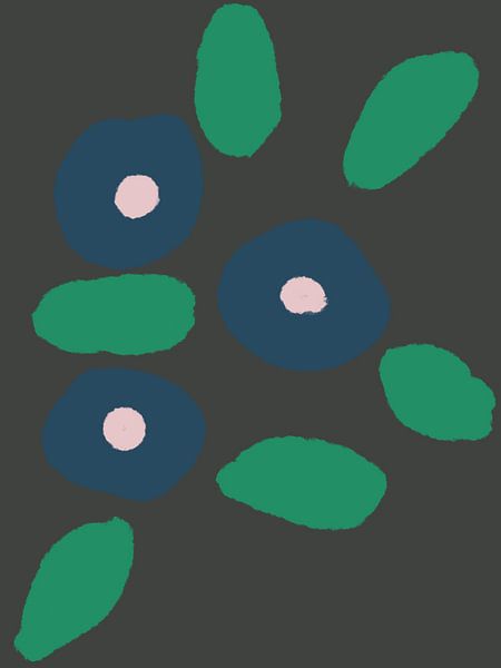 Botanische Skizzen.  Boho-Blumen in Blau, Rosa, Grün auf Dunkelgrau. von Dina Dankers