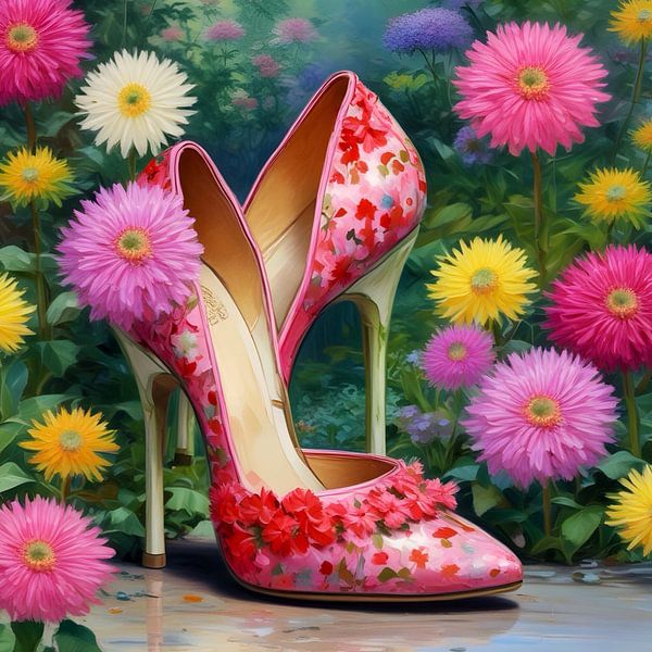 Pumps and Flowers | A colourful work of pumps combined with flowers. The colours pink, yellow, purple and lilac give it a spring-like feel. by Wil Vervenne