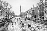 Ice-skating on a frozen Prinsengracht in Amsterdam