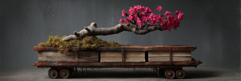 Bonsai on metal book trolley with blossom still life panorama by Digitale Schilderijen
