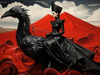 Surreal Frau Vogel schwarz rot  Landschaft mystisch Wellen Berge