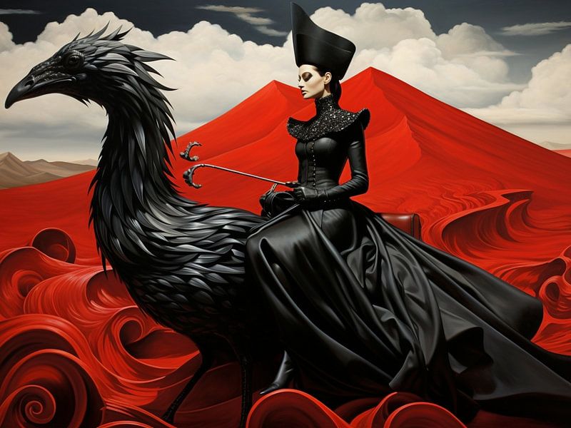 Surreal Frau Vogel schwarz rot  Landschaft mystisch Wellen Berge von gm_designs