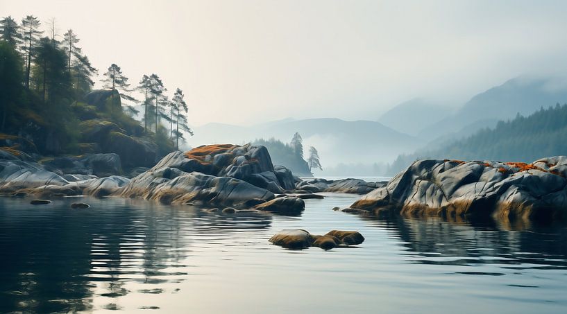 Fog at the mountain lake by fernlichtsicht