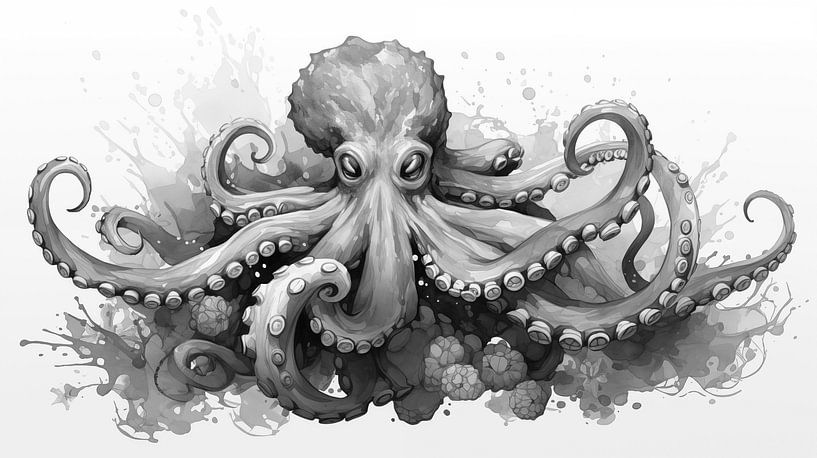 Schwarzweiß  Aquarell-Oktopus auf weißem Hintergrund von Animaflora PicsStock