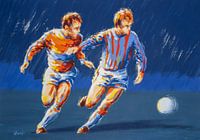 Zwei Fußballspieler während des Spiels - Acrylillustration auf Papier