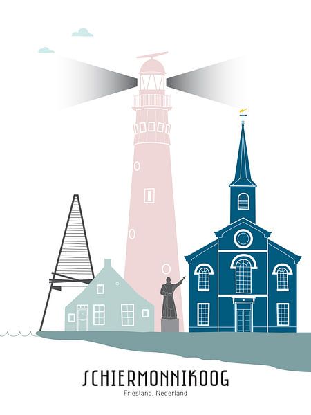 Skyline illustratie waddeneiland Schiermonnikoog in kleur van Mevrouw Emmer