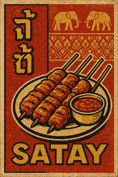 Satay Wall Print - Poster rétro sur la cuisine thaïlandaise de rue par Travel Shop