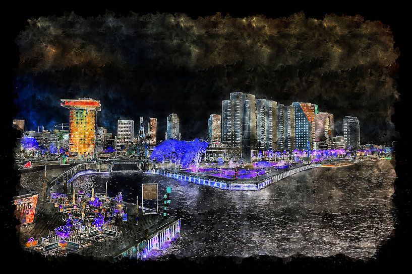 Blick auf die Boompjeskade in Rotterdam bei Nacht (Aquarell) von Art by Jeronimo