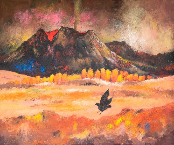 The bird and the glowing volcano - acrylic on canvas by Galerie Ringoot