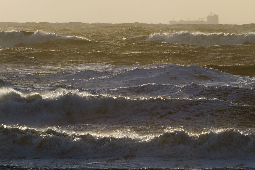 Storm surge with sunset and fishing boat by Menno van Duijn