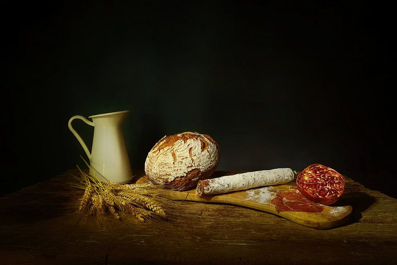 Still life with bread,salami,pomegranate . by Saskia Dingemans Awarded Photographer