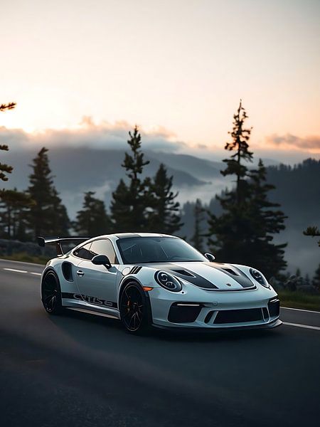 Porsche 911 GT3 RS Bandes blanches et noires Montagnes brumeuses par MIROKKU