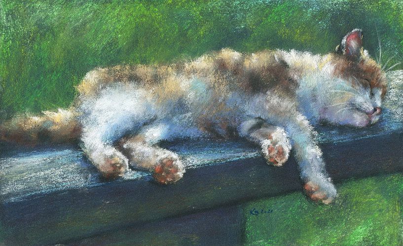 Chat faisant la sieste au soleil Peinture au pastel par Karen Kaspar