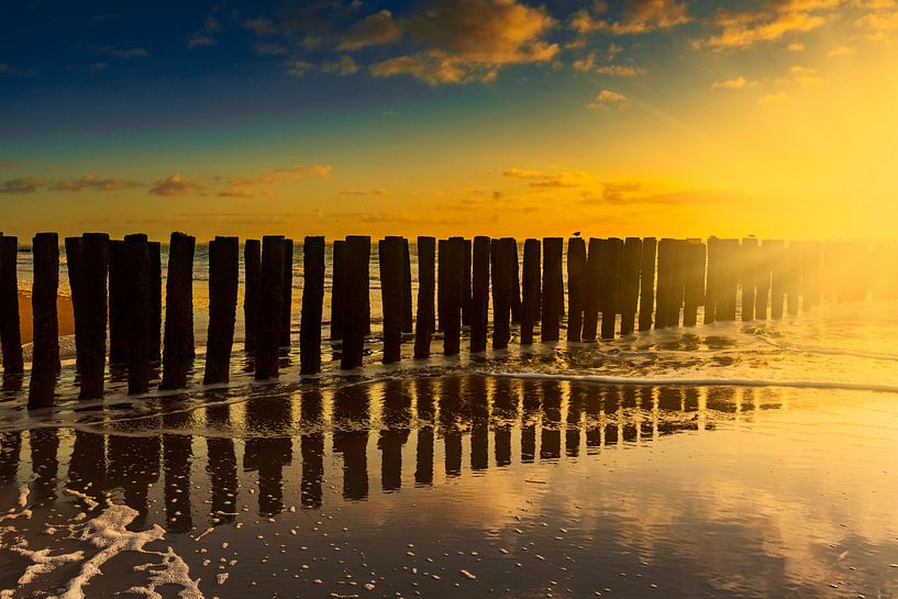 Dutch clouds and typical breakwater of wooden poles along the coast of Zeeland by gaps photography