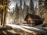 Huisje in besneeuwd dennenbos