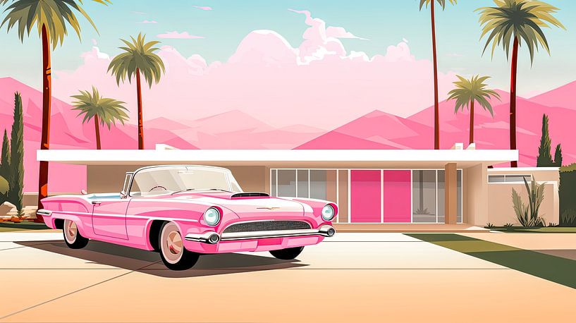 Cadillac rose et bungalow rétro années 1950 par Vlindertuin-Art