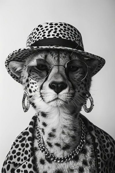 Guépard stylé en chapeau et lunettes de soleil sur fond gris par Poster Art Shop