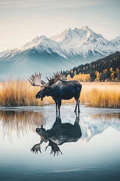 Elchspiegelung in Berglandschaft von Poster Art Shop